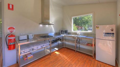 Interior of the new fully equipped modern camp kitchen at Yea Riverside Caravan Park