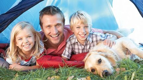 A father with his young son & daughter all lying in front of a tent with a Golden Retriever dog